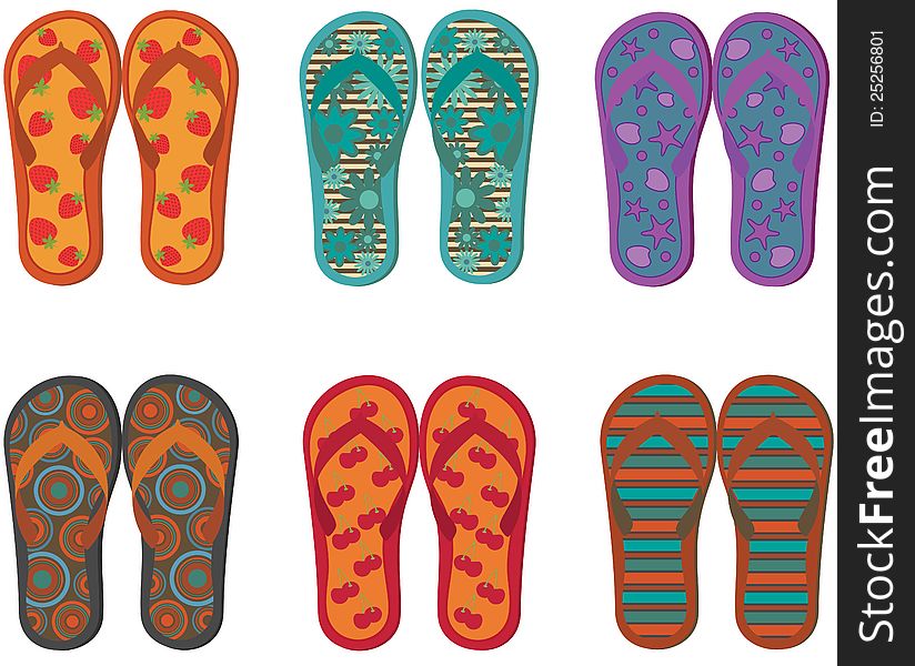 Six pairs of colorful  flip flops on the white background. Six pairs of colorful  flip flops on the white background.