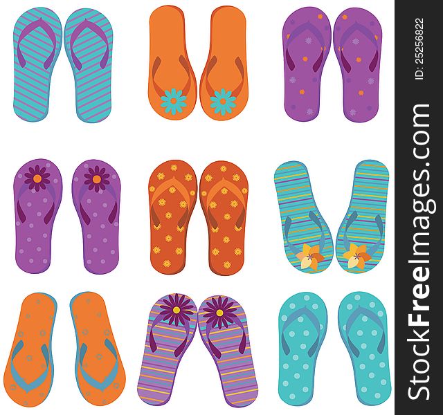 Nine pairs of colorful flip flops. Nine pairs of colorful flip flops.