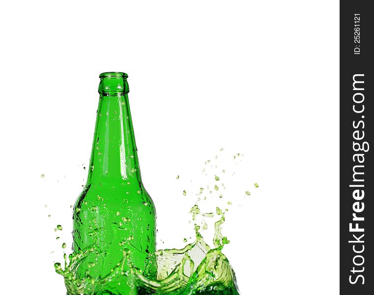 Green Bottle On Water Splash