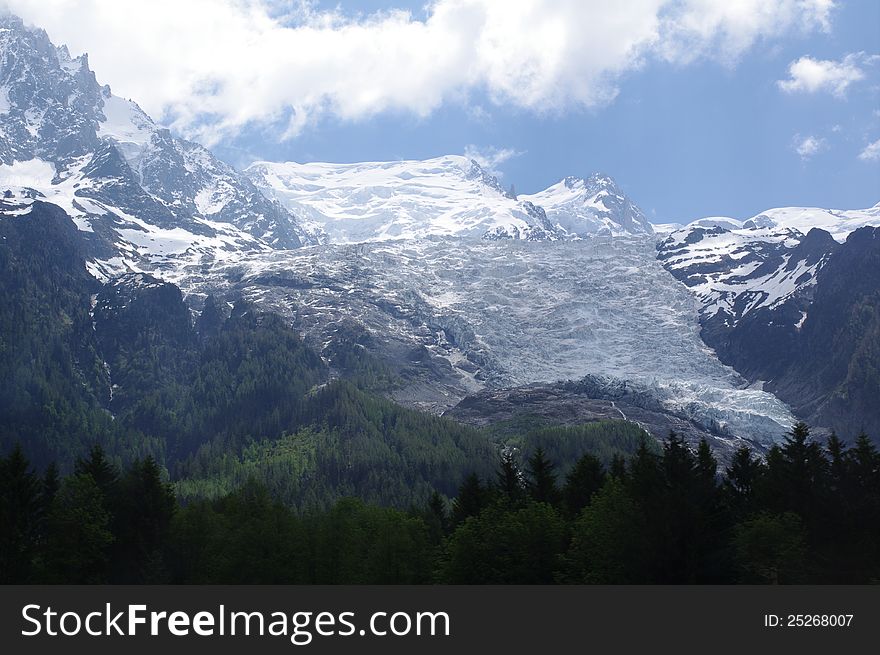 Glacier in the Alps seen from the bottom of the mountain