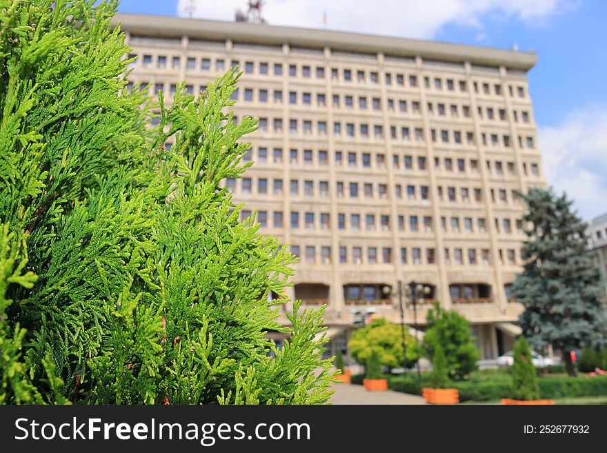 Green nature Blured The Prahova County Council building in Ploiesti