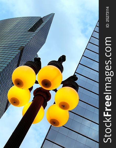 Street lamp and skyscrapers in Chicago Downtown