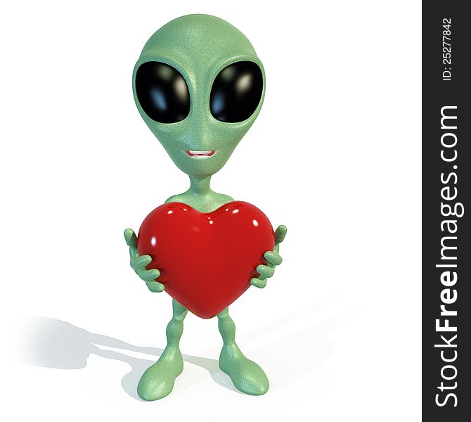 3d rendering of a little green cartoon alien holding a big shiny red heart. 3d rendering of a little green cartoon alien holding a big shiny red heart