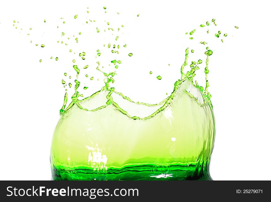 Water splash green on white background with ripple and reflection. Water splash green on white background with ripple and reflection