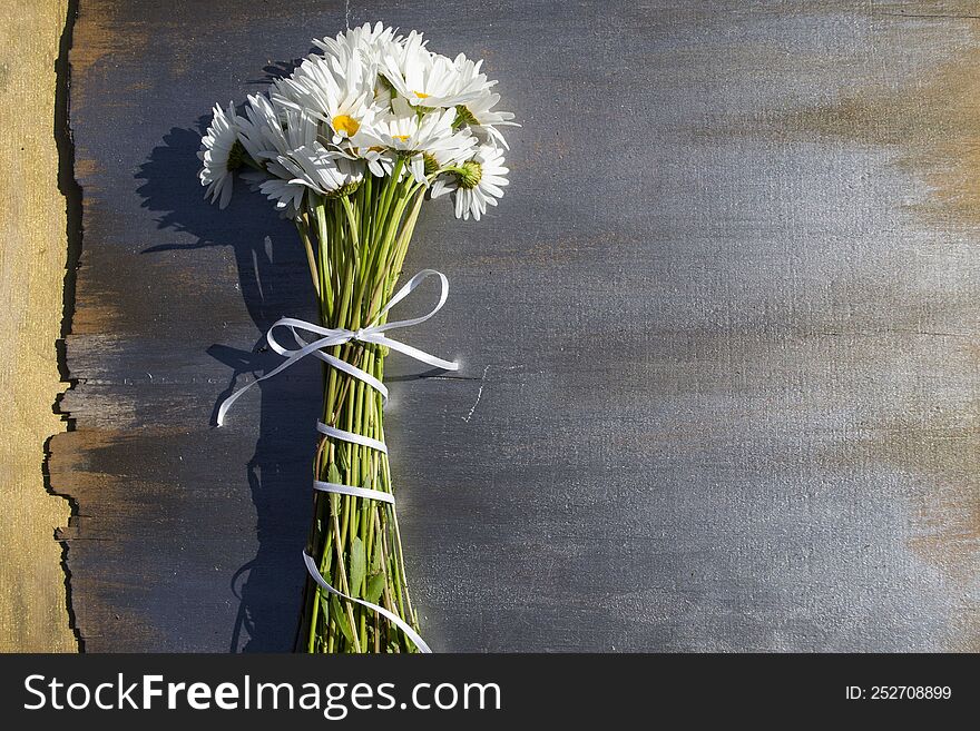 Bouquet of white daisies on a gray wooden background
