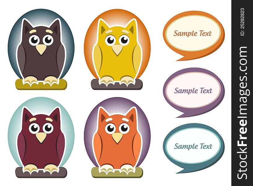 Vector illustration of funny color cartoon owl set with speech bubbles. Vector illustration of funny color cartoon owl set with speech bubbles