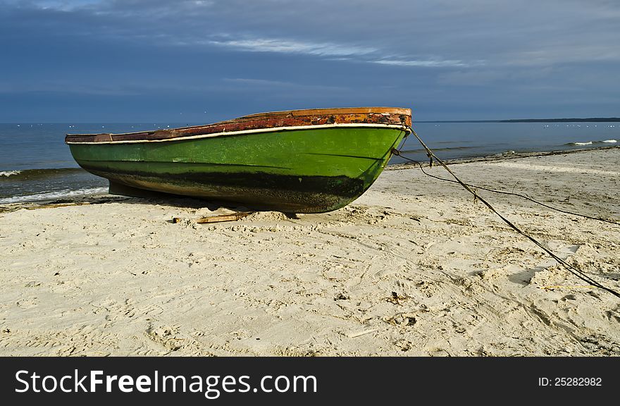 Fishing Boat On Sandy Beach, Latvia, Europe