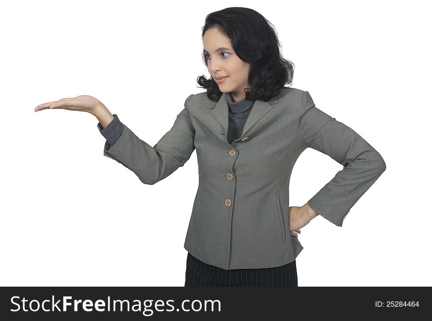 Mixed race business woman show something on her hand. Mixed race business woman show something on her hand