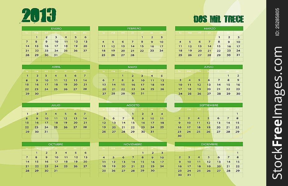 New calendar 2013 in green and Spanish. New calendar 2013 in green and Spanish