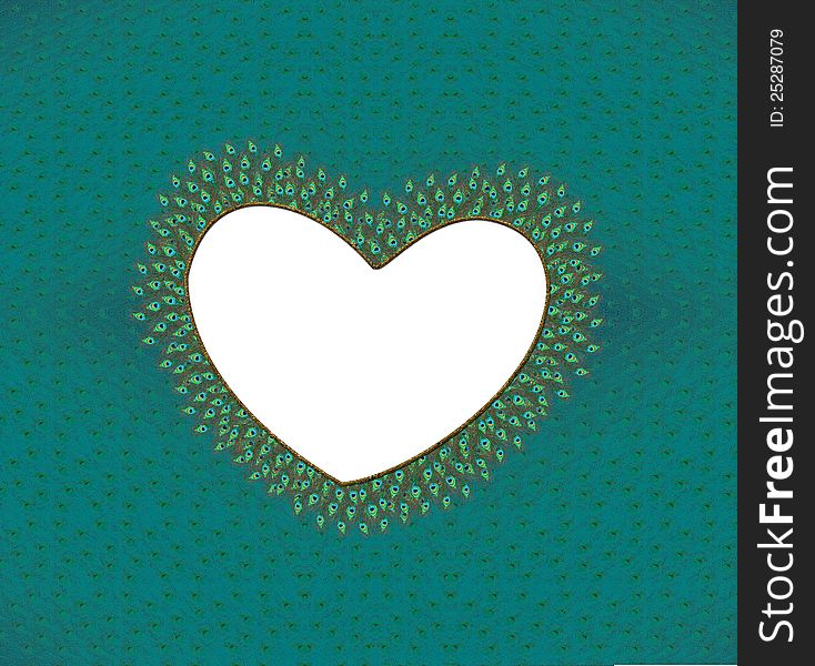 Elegant peacock feathers pattern heart shape as a text area or a space for an image. Elegant peacock feathers pattern heart shape as a text area or a space for an image