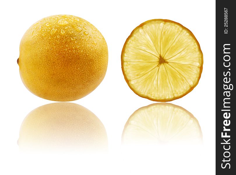 Fresh fully ripe lime in vibrant yellow color & circular shape with water droplets on its peel & table reflection. A sliced lime showing juicy fruit inside. Both photos are with clipping path