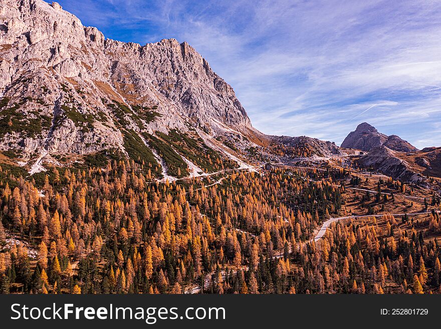 Autumn view of the popular tourist destination, the Dolomite Alps. Beauty of nature concept background