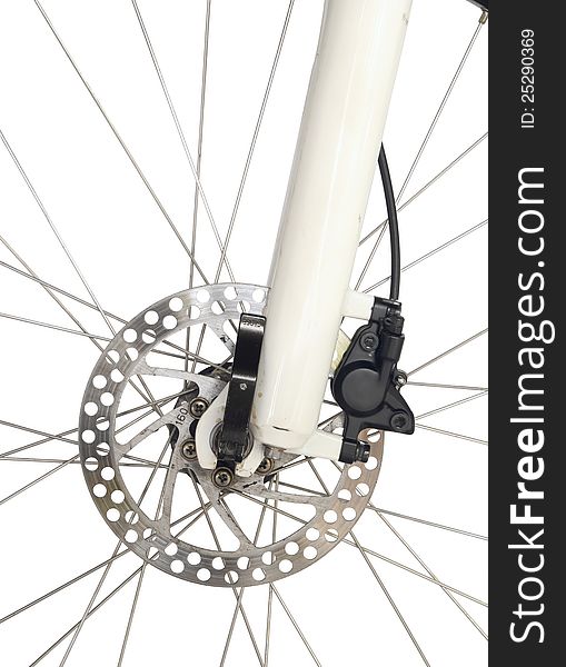 Front wheel brake of mountain bike isolated on white background. Front wheel brake of mountain bike isolated on white background