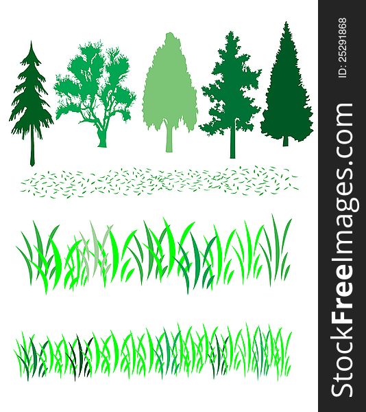 Collection of green trees and grass s on white