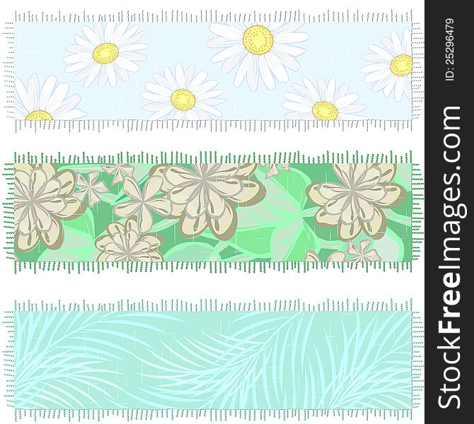 Three horizontal banners made of old chintz with floral print. Three horizontal banners made of old chintz with floral print