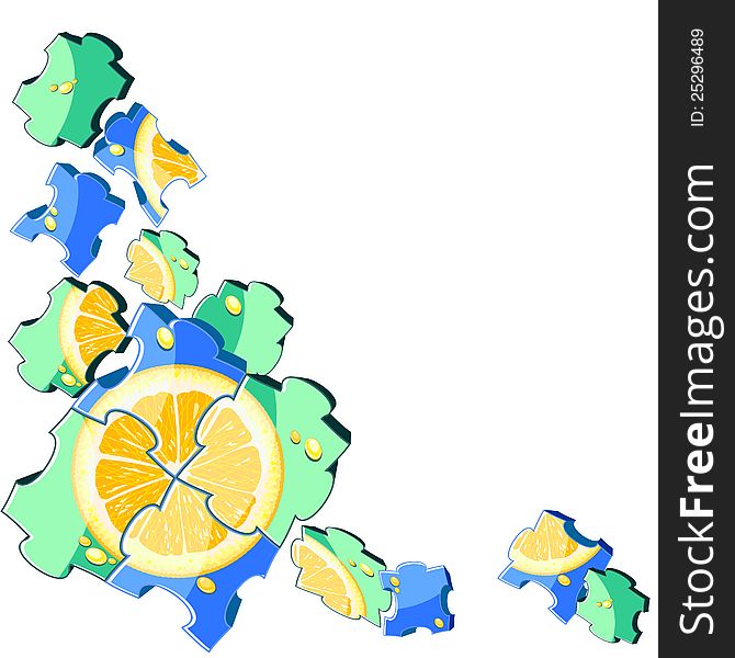 Slice of orange or lemon placed on part of jigsaw puzzle. Slice of orange or lemon placed on part of jigsaw puzzle