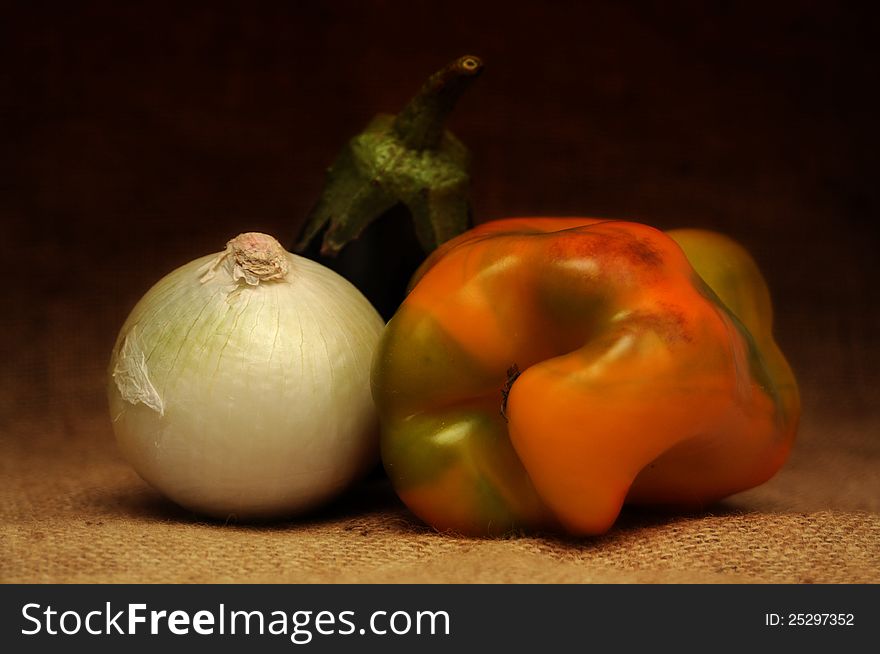 Still life of different vegetables, eggplant, pepper, onion. Still life of different vegetables, eggplant, pepper, onion