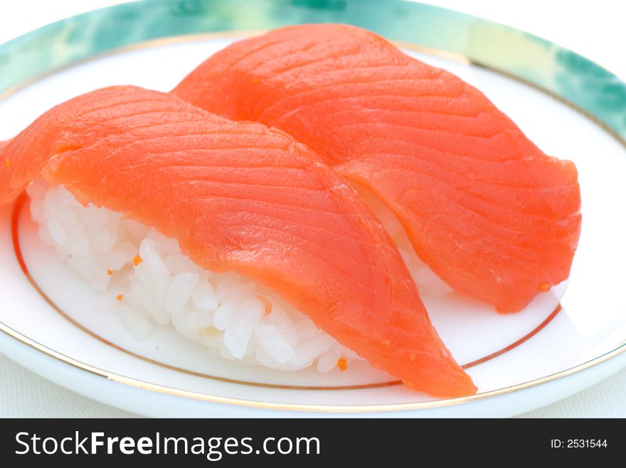 Fresh Sockeye salmon Sushi on white plate