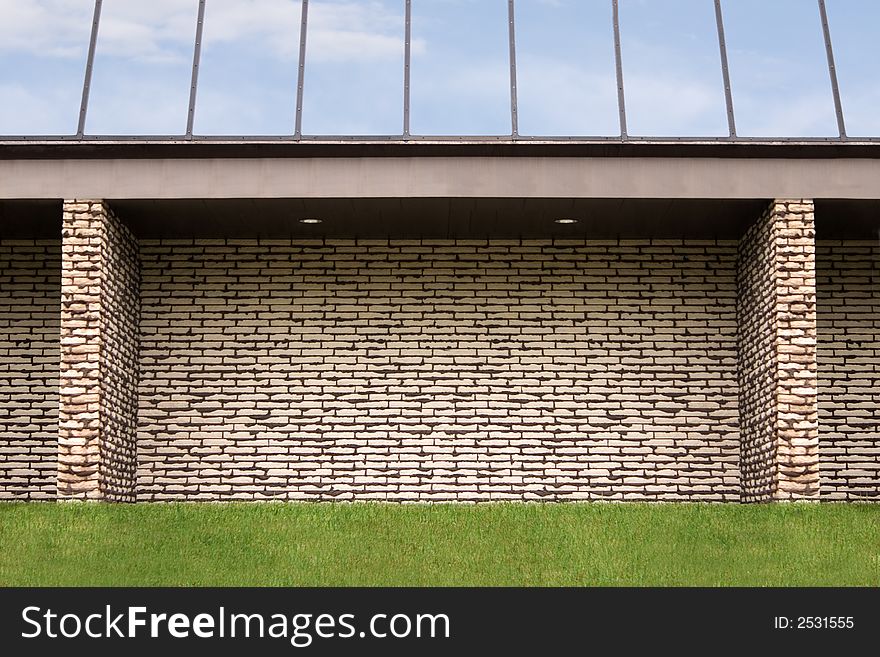 The brick wall of an office building