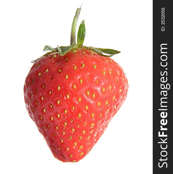 Single sunlit strawberry over white background, background