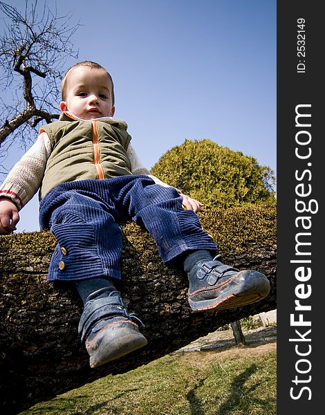 Child sitting on tree trunk, portrait, low angle view