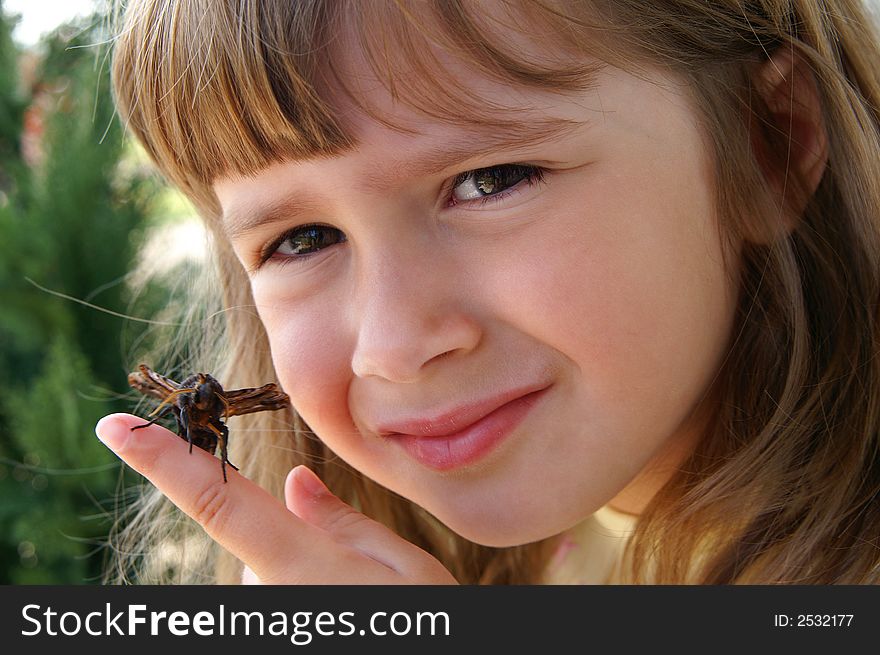 A beautiful young girl holding a moth. A beautiful young girl holding a moth