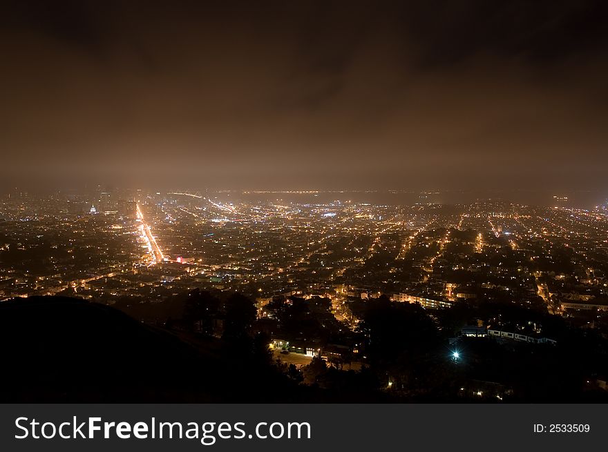 Bay Area, San Francisco at Night Low Fog Overhang, Gentle Cover, Steet light. Bay Area, San Francisco at Night Low Fog Overhang, Gentle Cover, Steet light