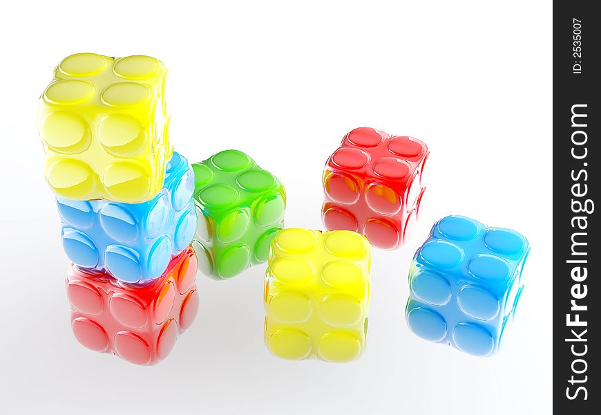Varicoloured child's blocks for games in outdoor on a white background
