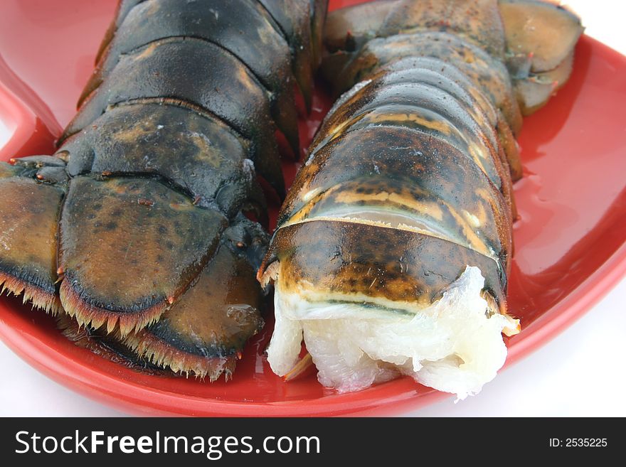Two lobsters presented on a red plate close up. Two lobsters presented on a red plate close up