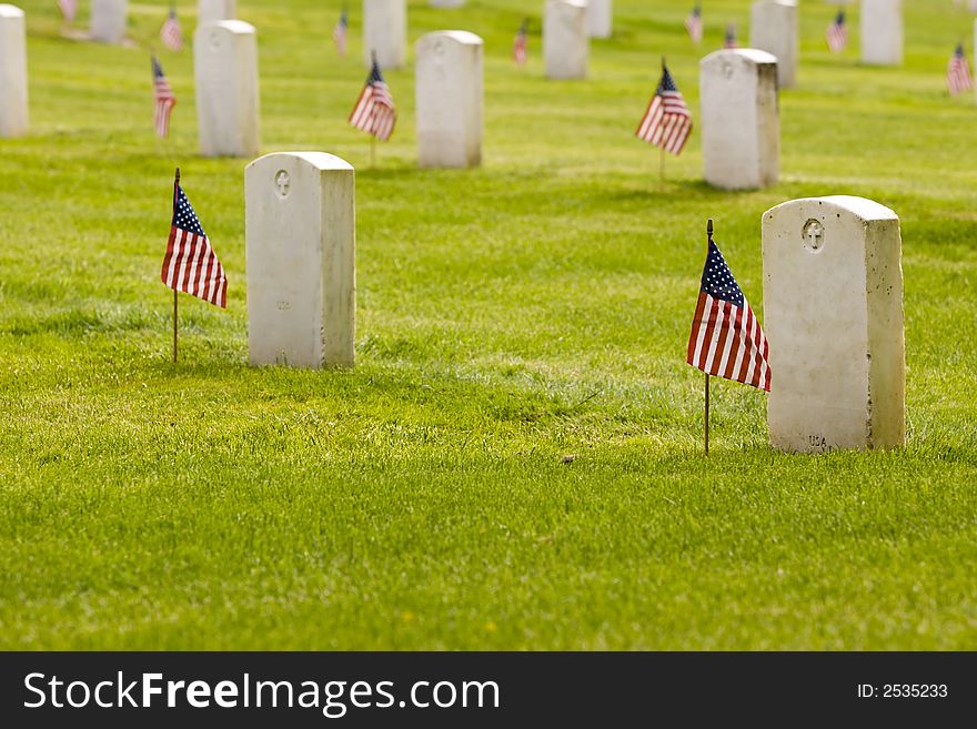 unmarked grave stones in a memorial cemetery patriotically decorated with American flags. unmarked grave stones in a memorial cemetery patriotically decorated with American flags