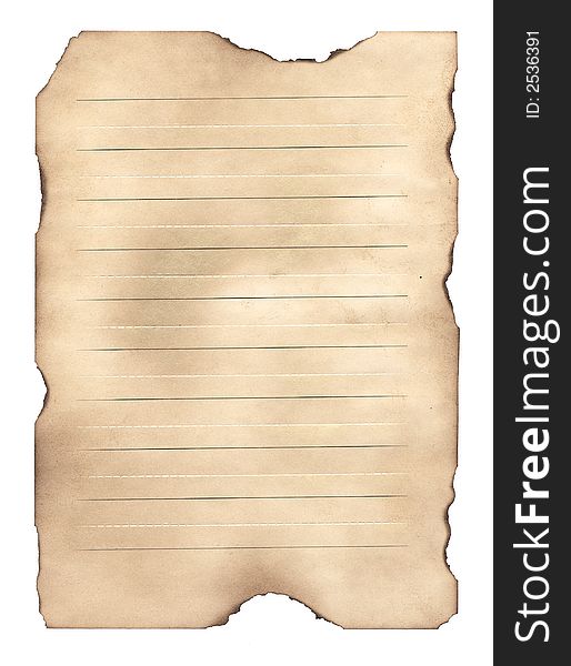 Sheet of the old paper which has turned yellow from time. The photo is isolated and placed on a white background. The picture is convenient for drawing on it of the text.