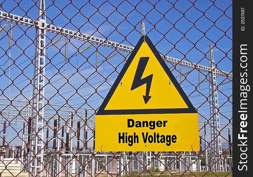 High voltage warning in a power station fence