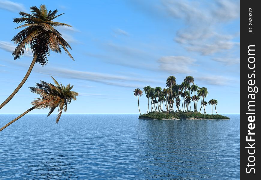 Coconut palm trees on a small island - digital artwork. Coconut palm trees on a small island - digital artwork