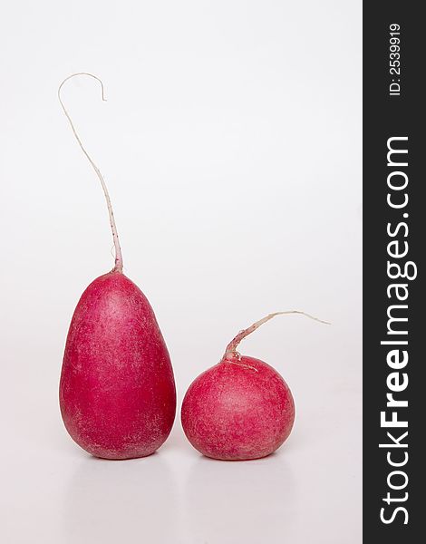 Close up of two radishes on neutral background