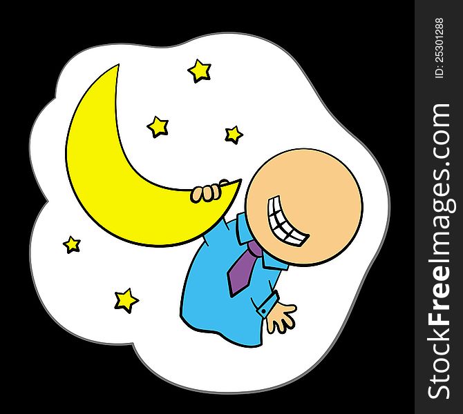 A business character holding and hanging on the moon. A business character holding and hanging on the moon