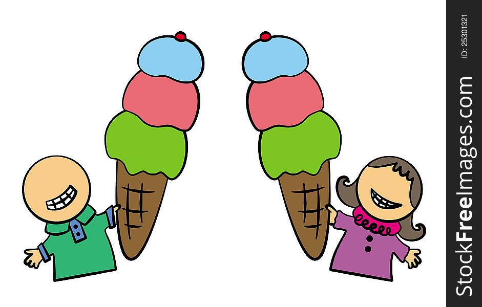 Illustration of two cartoon characters holding a giant ice cream. Illustration of two cartoon characters holding a giant ice cream