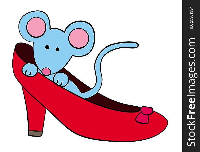 A cute illustration of a blue mouse inside a lady's shoe. A cute illustration of a blue mouse inside a lady's shoe