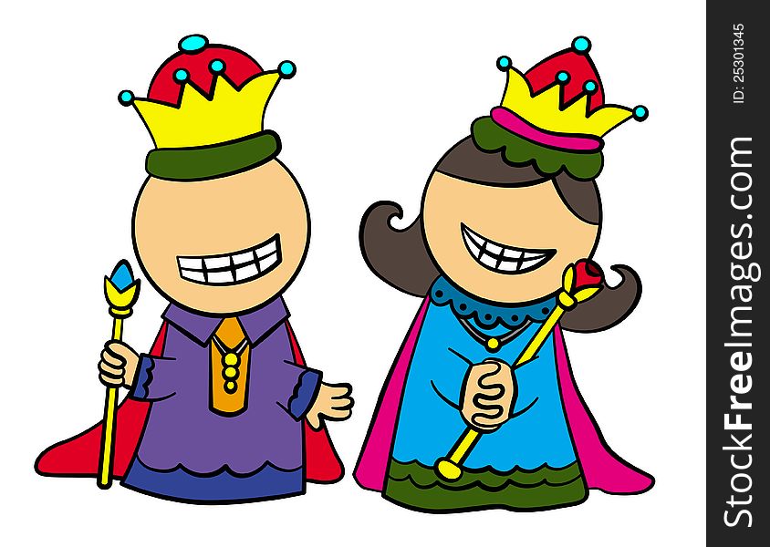 A humorous illustration of a couple dressed like prince and princess. A humorous illustration of a couple dressed like prince and princess
