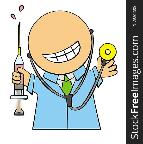 A funny looking doctor illustration with stethoscope and syringe. A funny looking doctor illustration with stethoscope and syringe