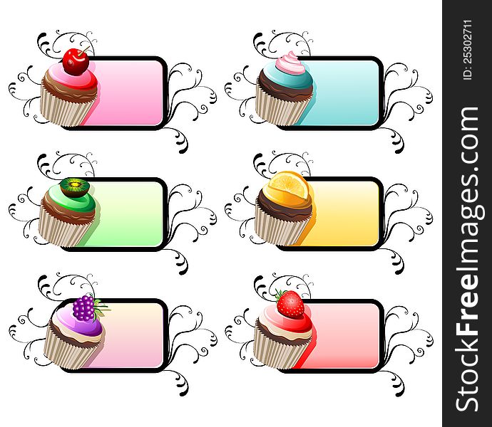 Set of 6 Ornamental Color Labels with Delicious Cupcakes. Set of 6 Ornamental Color Labels with Delicious Cupcakes