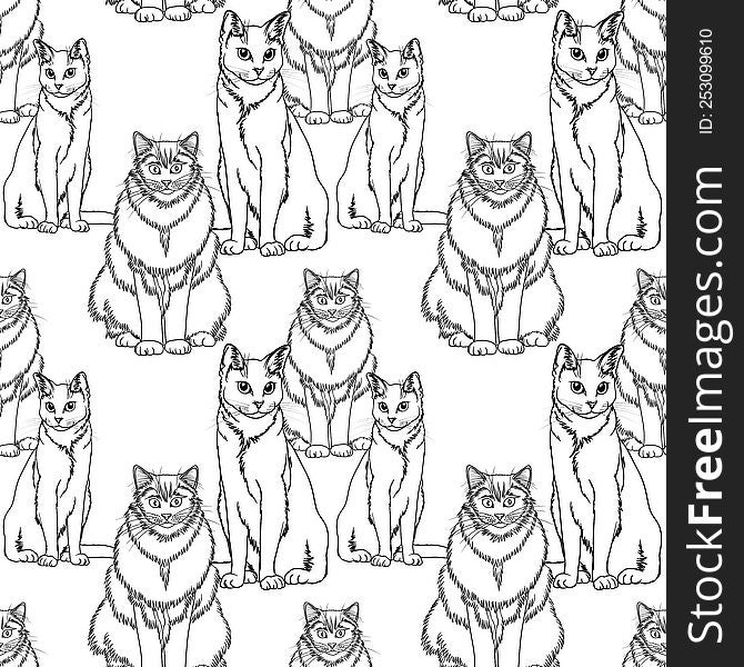 A seamless decorative white cartoon cats pattern on the white background