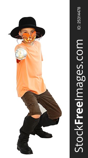 A young boy with cat-mask,hat, boots and rapier in his hand isolated on a white background