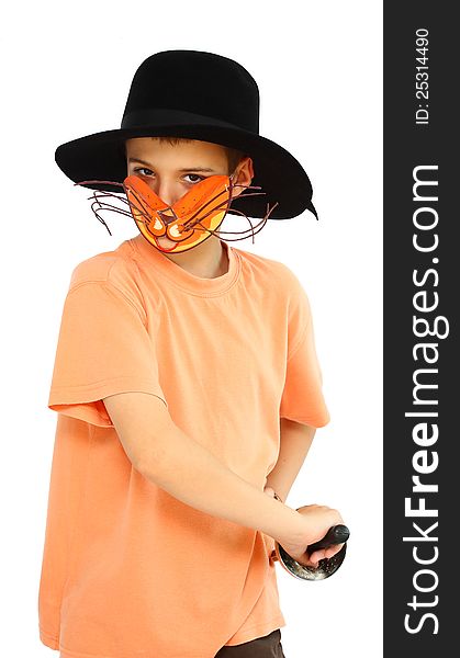 A young boy with cat-mask,hat, boots and rapier ready to use isolated on a white background