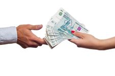 Russian Money Transfer From Hand To Hand. Royalty Free Stock Photography