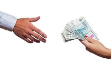 Russian Money Transfer From Hand To Hand. Stock Photo