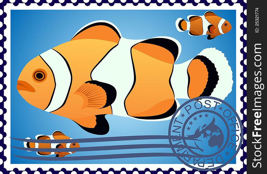 The illustration on a postage stamp. Clown Fish. The illustration on a postage stamp. Clown Fish.