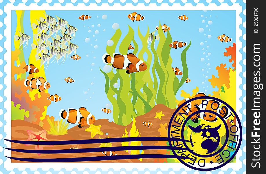 Postage stamp with the underwater world