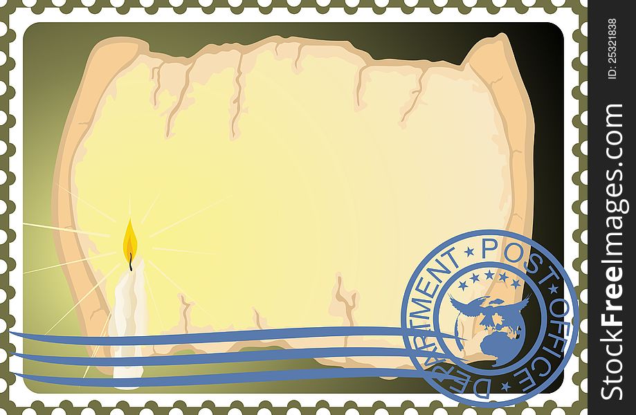 The illustration on a postage stamp. A candle and a paper scroll. The illustration on a postage stamp. A candle and a paper scroll.