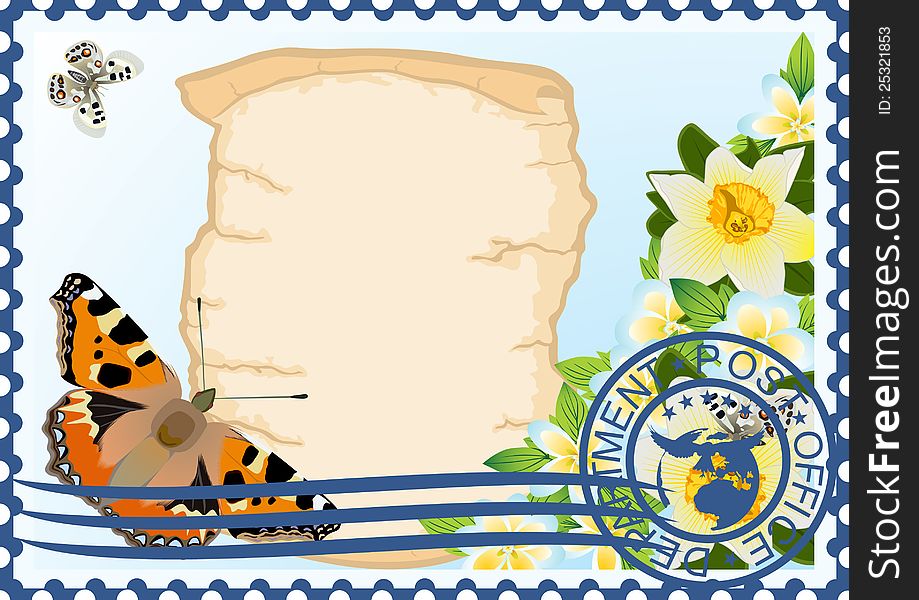 Postage Stamp. Paper, Butterflies And Flowers