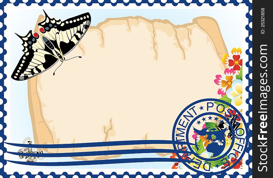 The illustration on a postage stamp. Butterfly and flowers on a background of ancient parchment. The illustration on a postage stamp. Butterfly and flowers on a background of ancient parchment.
